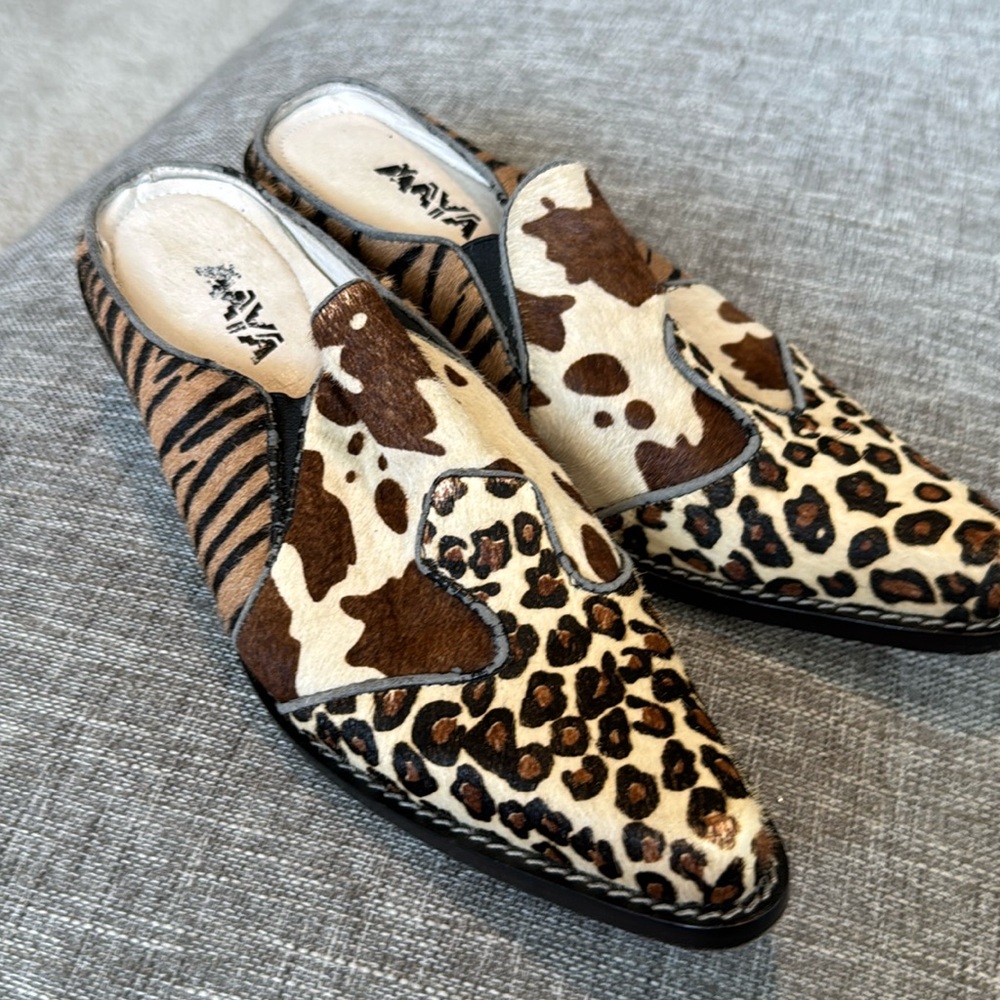 Maya Multi-Pattern Animal Print Slip-On Mules in Brown, Tan, Black
